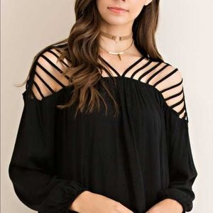 Caged shoulder striped top